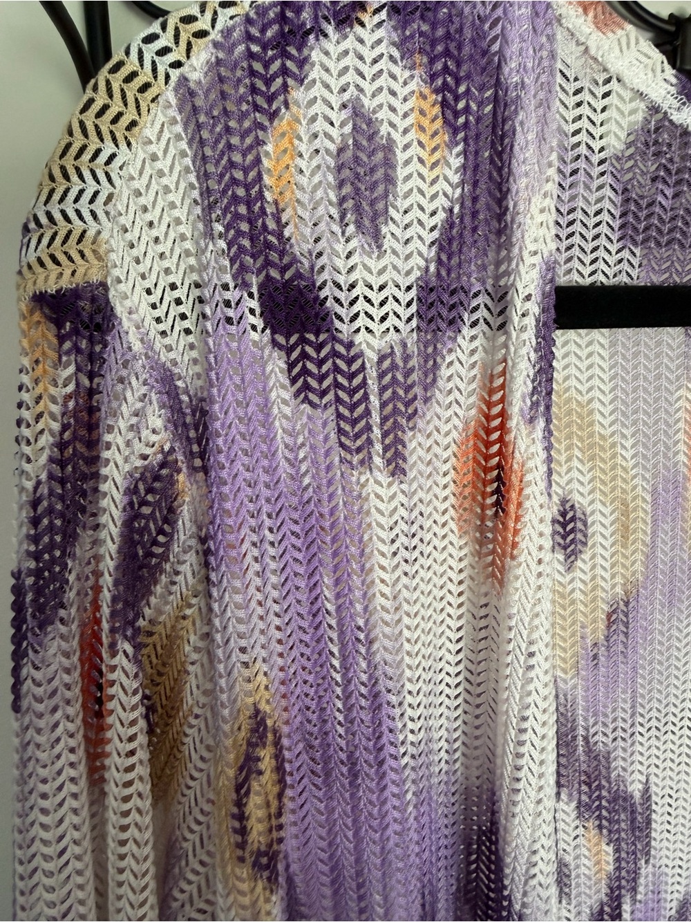 Alfred Dunner Purple and Cream Ikat Open-Front Knit Tunic - Picture 6 of 8